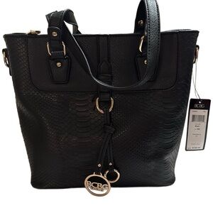 BCBG Black Tote with Textured Leather and Gold Accents